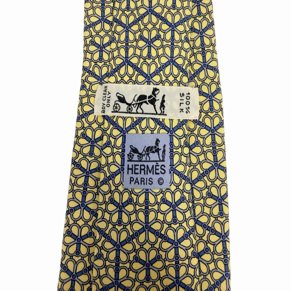Hermes Men's Tie Honeycomb Bridle Clover Chain Yellow & Blue 7078 OA 3.25" x 55"